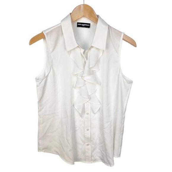 Karl Lagerfeld Top Blouse Shirt Paris Ruffle White Button Up Collared size M - Picture 1 of 10